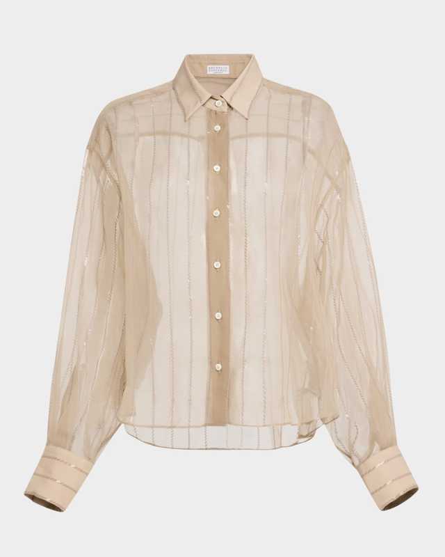 Striped Paillette Crispy Silk Chiffon Button-Down Blous